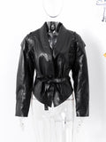 Chicmy-nye outfits Fashion Faux Leather Jackets for Women Patchwork Buckle V-neck Belt Lace Up Coat Female 2025 Autumn Casual Lady Street Outwear