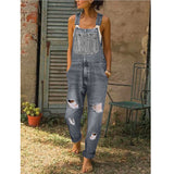 CHICMY- Casual Solid Ripped Slit Strap Sleeveless Regular Denim Jumpsuits with Front Pocket