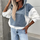 Chicmy-Autumn Women's Denim Patchwork Hooded Tops 2025 Fashion Zipper Pocket Loose Pullover Casual Long Sleeve High Street Sweatshirts