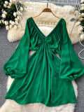 Chicmy-new fashion trend Beach Vacation Deep V-Neck Lantern Sleeve Casual Ruffle Bohemian Midi Dress