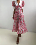 Chicmy-Lolita Retro Doll Collar Buttoned Floral Midi Dress Puff Sleeve