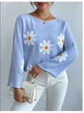 Chicmy-Winter Outfits Women's Embroidered Floral One Shoulder Sweater Ruffle Sleeve Floral Pullover Sweater