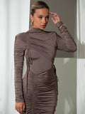 Chicmy Long Sleeve Ruched Sexy Maxi Dress For Women Autumn Winter New Drawstring Turtleneck Bodycon Sexy Long Dress Elegant-Christmas Outfit