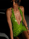 Chicmy-nye outfits Green Sequin Backless Mini Dress Women Sexy Halter Deep V-neck Sleeveless Party Short Dresses 2025 Summer Lady Evening Clubwear