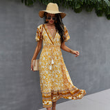 Chicmy-new fashion trend Spring New Bohemian Floral Dress Women Flare Sleeve Casual V Neck Tassel Bandage Print Dress Ladies Holiday Style Summer Dresses