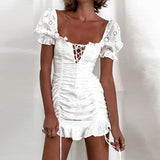 Chicmy-Frill White Cotton Eyelet Shirred Criss Cross Ruffle Hem Dress