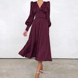 Chicmy-Glossy Retro Button Lantern Sleeve Satin Flowy Nye Midi Dress