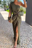 Chicmy-new fashion trend Sexy Solid Color Slit Ruched Knotted Sloping Shoulder Long Dresses