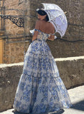 Chicmy-Hydrangea Provencal Blue Floral Maxi Tie Strap Fairy Dress