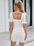 Chicmy-Frill White Cotton Eyelet Shirred Criss Cross Ruffle Hem Dress