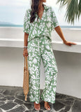 CHICMY- Women's 2024 Spring 2Piece Set Casual Short Sleeve Vacation Print Shirt and Straight Long Pant