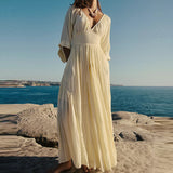 Chicmy-Fashion Deep V High Waist Pleated Desert Dress New Summer Chiffon 3/4 Sleeve Solid Color Women Dress Elegant Holiday Long Dress