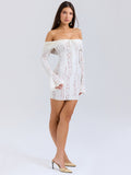 Chicmy Off-shoulder Lace Sexy Mini Dress For Women White Strapless Long Sleeve Backless Bodycon Club Party Sexy Dress Elegant-Christmas Outfit