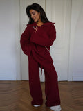 Chicmy-nye outfits Autumn Knit Burgundy Women's Pants Sets Lapel Sweater Jumper Loose Wide Leg Trousers 2 Pieces Lady New in All-matching Outfits