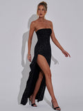 Chicmy Sparkle Off-shoulder Sexy Maxi Dress For Women Strapless Backless Sleeveless Thigh High Slit Evening Long Dress Elegant-Christmas Outfit