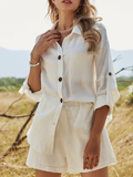 CHICMY- Women's Set Cotton Linen Long Sleeve Casual Shirt and Short Linen Pat 2Piece Set