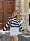 Chicmy-nye outfits Casual Knit Striped Sweaters Women Off Shoulder Loose Long Sleeve O-neck Pullover Tops 2025 Autumn Lady High Street Jumper New