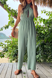 CHICMY- Casual Vacation Solid Frenulum Cross Straps Halter Straight Jumpsuits