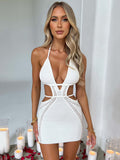 Chicmy Hollow Out Halter Sexy Mini Dress Women Summer New Sleeveless Backless Skinny Club Party Knit Tank Dress Vestido-Christmas Outfit