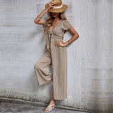 CHICMY- Solid Tie Front Wide Leg Jumpsuit Women Sex Jumpsuit