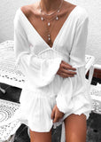 Chicmy-Casual Ruffle Trimmed Long Puff Sleeve V Cut Out Back V Neck Dress