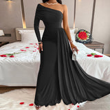 Chicmy-Elegant Off Shoulder Asymmetrical Evening Dress  Women Fashion High Waist Slim Solid Long Dress Sexy Hollow Pleated Party Dress