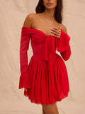 Chicmy Elegant Strapless Backless Sexy Mini Dress For Women Red Off-shoulder Long Flare Sleeve Pleated Club Party Dress 2024-Christmas Outfit