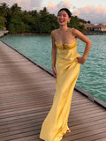 Chicmy-nye outfits Summer Backless Yellow Satin Slip Dresses Women Elegant Off Shoulder Strapless Floral Chest Long Dress 2025 New Lady Party Robes