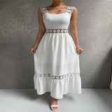 Chicmy-Boho Casual Cotton Eyelet Hollow Thick Strap Lace Midi Dress