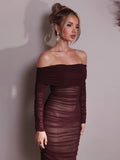 Chicmy Off-shoulder Long Sleeve Sexy Maxi Dress For Women Autumn New Strapless Backless Bodycon Ruched Party Long Dress-Christmas Outfit