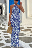 Chicmy-new fashion trend Greek Island Printed Cross Back Halter Flowy Maxi Dress