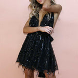 Chicmy-Shiny Tassels Embellished Tulle Plunge Flowy Mini Dress Cross Back