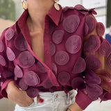 Chicmy-Spring Autumn 2025 New Top For Women Elegant Design Three-dimensional Flowers Transparent Thin Chiffon Shirt Long Sleeve