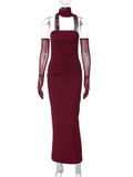 Chicmy Strapless Backless Sexy Maxi Dress For Women Burgundy Mesh Sleeve Off-shoulder Bodycon Club Party Evening Long Dress-Christmas Outfit