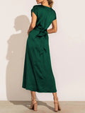 Chicmy-new fashion trend Loose Short Sleeves Solid Color Split-Joint Tied Waist Round-Neck Midi Dresses