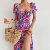 Chicmy-Summer Sun Dress Boho Off Shoulder Square Neck Short Sleeve Floral Print Bodycon Slit Vestidos Women Elegant Vacation Dresses