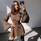 Chicmy-Sexy Dresses Nightclub Mini Short Party Dress Women Back Bandage O Neck A Line Flare Sleeves Autumn Vestidos Ladies Fall Robe