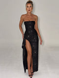 Chicmy Sparkle Off-shoulder Sexy Maxi Dress For Women Strapless Backless Sleeveless Thigh High Slit Evening Long Dress Elegant-Christmas Outfit