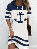 Chicmy- JFN Boat Anchor Printed Casual Long Sleeve Hooded Dress