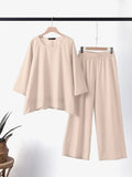 CHICMY- Women's Vintage Cotton Linen 2Piece Set Irregular Solid Top and Wide Leg Pant