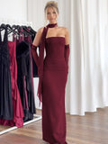 Chicmy Strapless Backless Sexy Maxi Dress For Women Burgundy Mesh Sleeve Off-shoulder Bodycon Club Party Evening Long Dress-Christmas Outfit