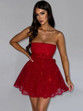 Chicmy Mesh Strapless Sparkle Sexy Mini Dress For Women Fashion Backless Bow Pleated Dresses Femme Club Party Dress Elegant-Christmas Outfit