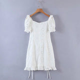 Chicmy-Frill White Cotton Eyelet Shirred Criss Cross Ruffle Hem Dress