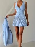 Chicmy Fashion Skirt Two Piece Sets Women V Neck Single-breasted Vest Tops And Pleated Mini Skirt Sexy Two Piece Sets Clothes-Christmas Outfit