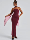 Chicmy Strapless Backless Sexy Maxi Dress For Women Burgundy Mesh Sleeve Off-shoulder Bodycon Club Party Evening Long Dress-Christmas Outfit