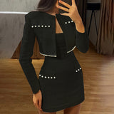 Chicmy Pearl Dress Sets Women Autumn Long Sleeve Coat And Mini Dress Two Piece Sets Femme Sexy Strapless Dress Matching Sets-Christmas Outfit