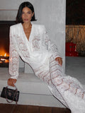 Chicmy White Lace Two Piece Sets Women Deep V Neck Long Sleeve Tops And Long Pants Ladies See Through Loose Trousers Sets-Christmas Outfit