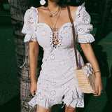 Chicmy-Frill White Cotton Eyelet Shirred Criss Cross Ruffle Hem Dress