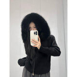 Chicmy-90s streetwear Y2K American sexy slim-fit solid color fur collar design long-sleeved zipper cardigan hoodie for women winter warm versatile top