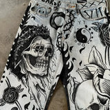 Chicmy-90s streetwear Geometric Pattern Skull Funny Print Design High Waisted Jeans for Women 2025 New vintage Trendy Streetwear Aesthetic sweatpants